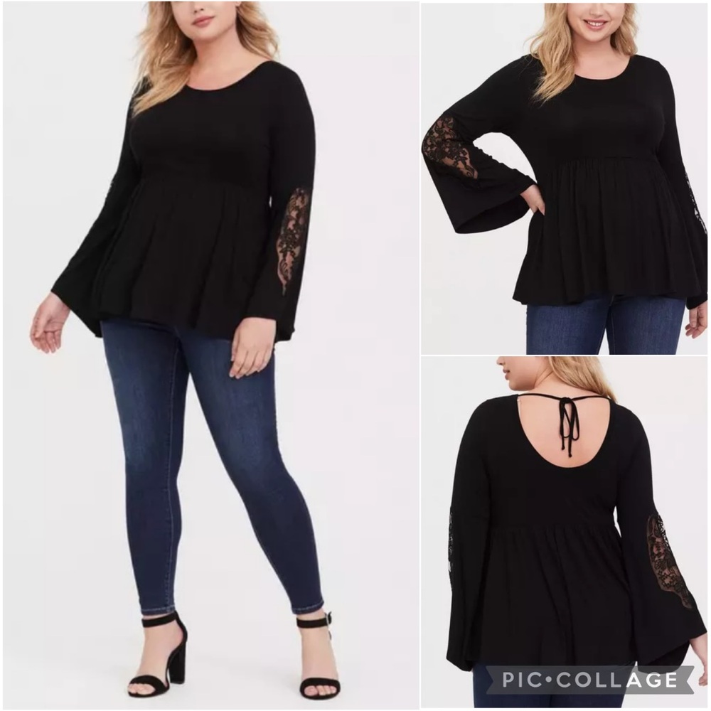 Torrid Black Super Soft Lace Insert Bell Sleeve Babydoll Blouse Top